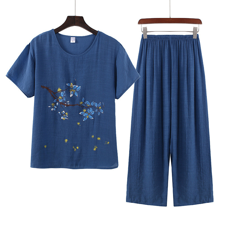 Middle-aged and elderly summer cotton linen short-sleeved mother plus size comfortable loose two-piece suit top pants can be worn outside