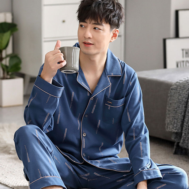 Men's Pajamas, Men's Spring and Autum New Autum Pure Cotton Long-Sleeved Home Clothes, Men's Autum and Winter Thin Suits