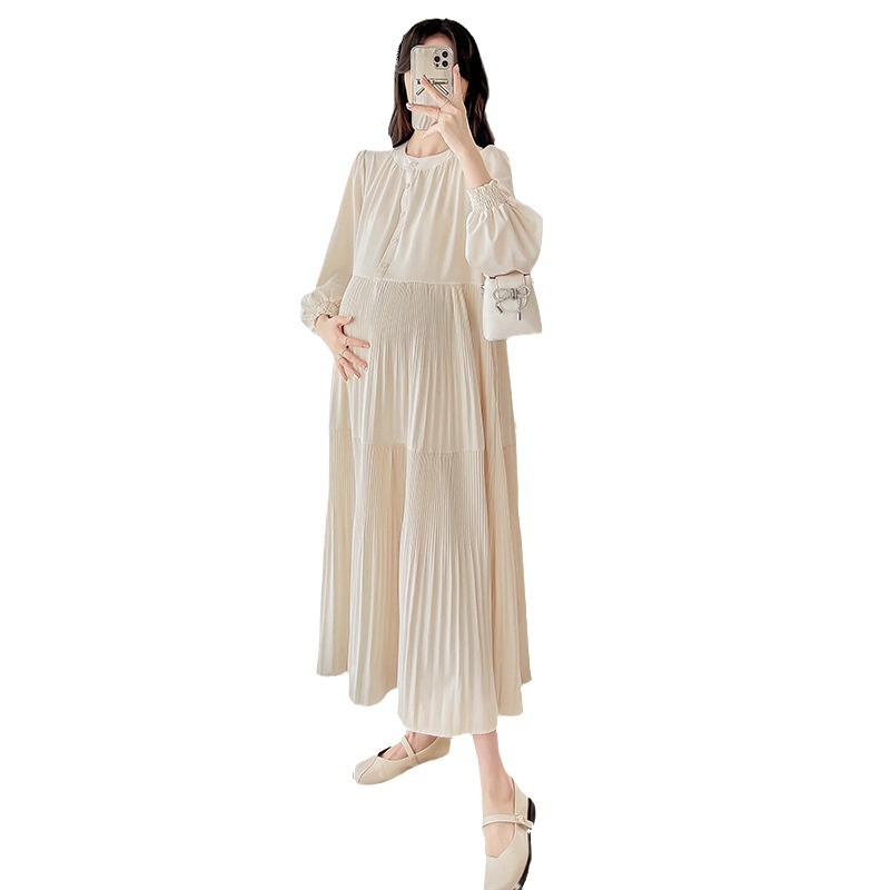 Spring and Summer new loose slimming pleated round neck simple lazy artistic style elegant gentle casual all-matching dress