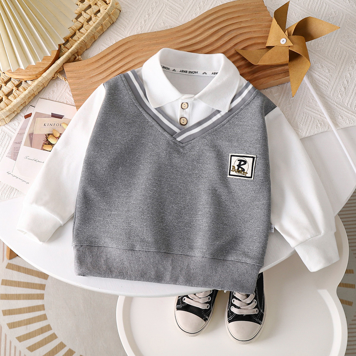 Boys' Polo Collar Sweatshirt Autumn New British Style Fake Two-Piece Versatile Fashion for Older Children