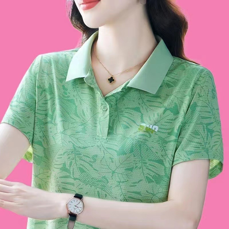 Short-Sleeved T-Shirt for Women Spring and Summer New Style Lapel Printed Polo Shirt Western Style Middle-Aged Mother Casual Fashion Sports Top