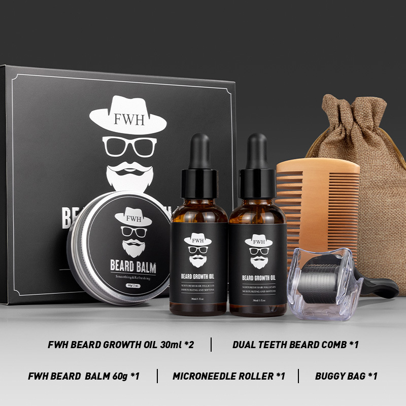 Cross-Border Beard Care Set 6-Piece Set Beard Oil Beard Cream Beard Oil Microneedle Roller Set Ready-Made Oem