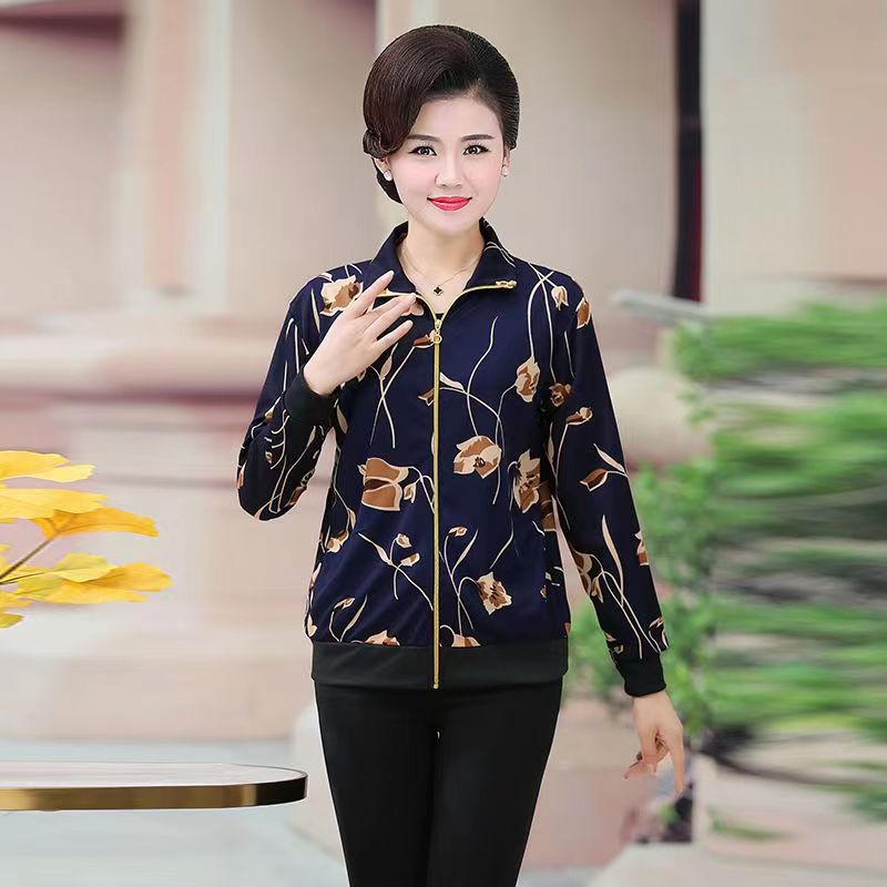 Autumn Wholesale Popular Women's Jackets for Middle-Aged and Elderly, Floral Pattern, Fleece-Lined, Large Size, Zip-Up Tops, Mom-Style Outerwear