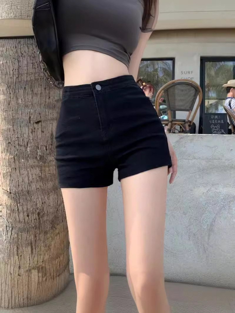 Denim Shorts Women's Elastic High-waisted Black Slimming Look Sexy Pants A-line Hot Pants Tight Buttocks Hip-covering Slim ins Trend