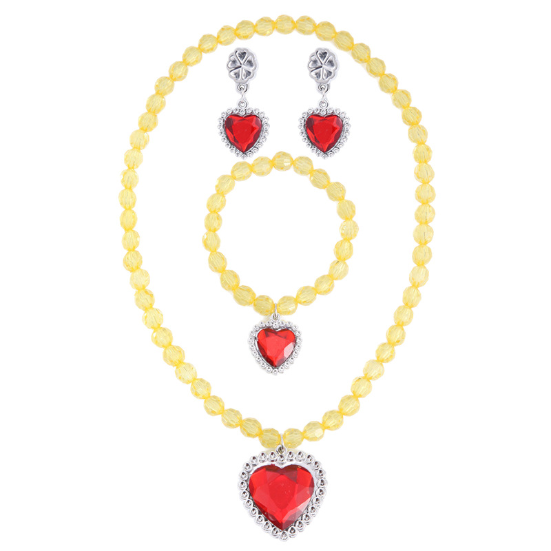 Frozen Heart Gemstone Children's Necklace Girls' Necklace Ear Clips Children's Jewelry Set Princess Costume Accessories