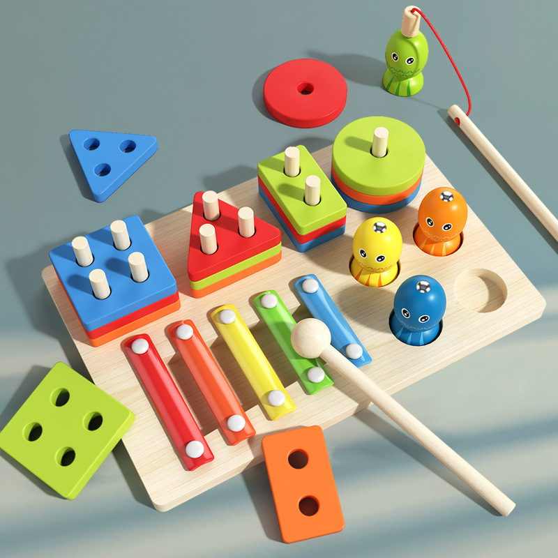 Cross-border Wooden Children's Early Education Benefit Magnetic Fishing Four Sets of Pillars Knocking Piano Geometric Shape Matching Combination Pair Educational Toys