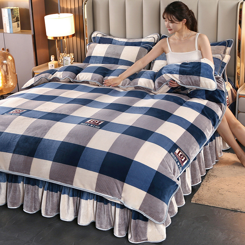 Зимний теплый комплект из четырех предметов из толстого молочного велюра, двусторонний чехол для одеяла, фланелевая юбка для кровати, оптовая продажа постельного белья