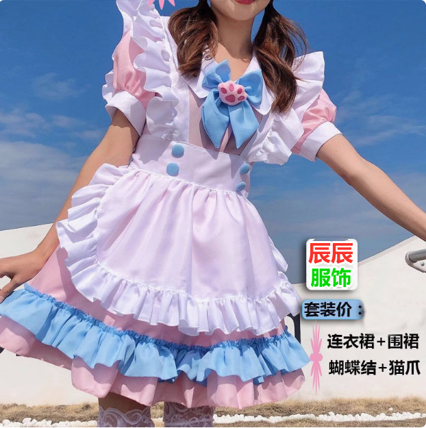 Платье горничной больших размеров S-4XL супер милое с большим бантом Лолита платье женское розовое синее