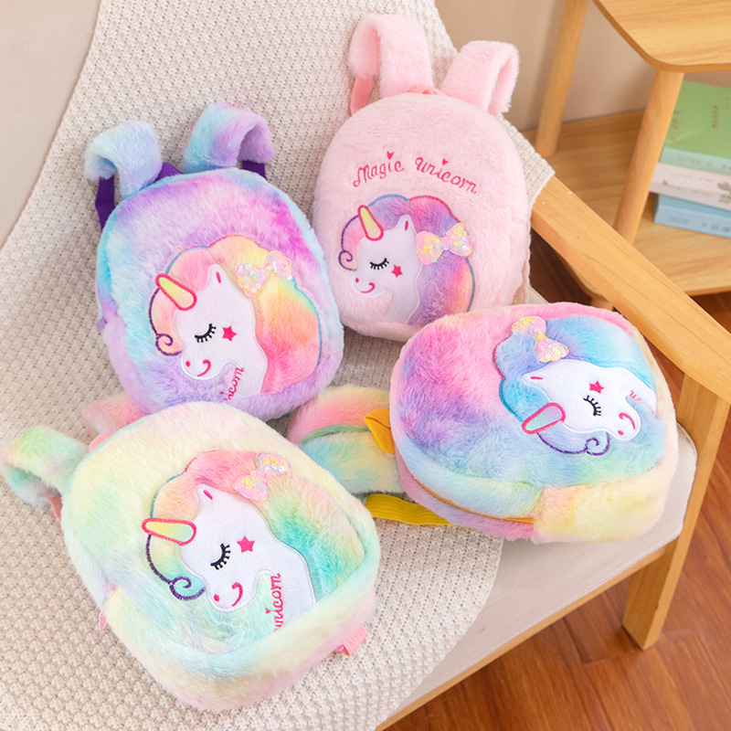 Korean Style Children's Small Backpack Tie-Dye Cartoon Embroidered Plush Bag Girl Cartoon Cute Kindergarten School Bag Wholesale