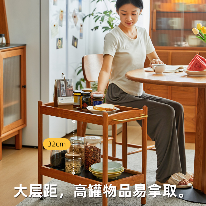 Solid Wood Movable Side Table Cherry Wood Trolley Nordic Cream Style Living Room Dining Room Balcony Corner Table