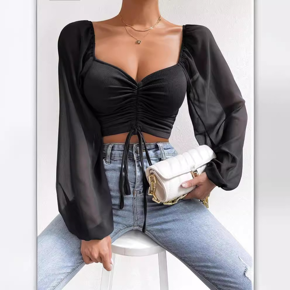 2024 Amazon AliExpress Summer New V-Neck Chiffon Drawstring Lantern Sleeves Tight Fashion Sexy Shirt Top