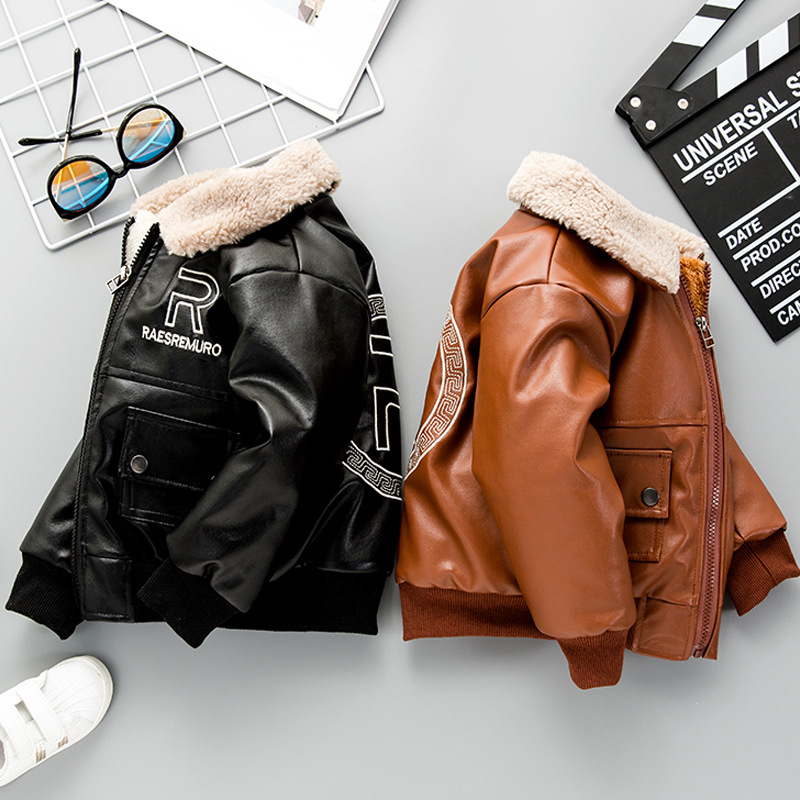 Boys' Fleece-Lined Thickened Leather Jacket Children's Autumn and Winter PU Leather Jacket Motorcycle Handsome Coat Children's Clothing