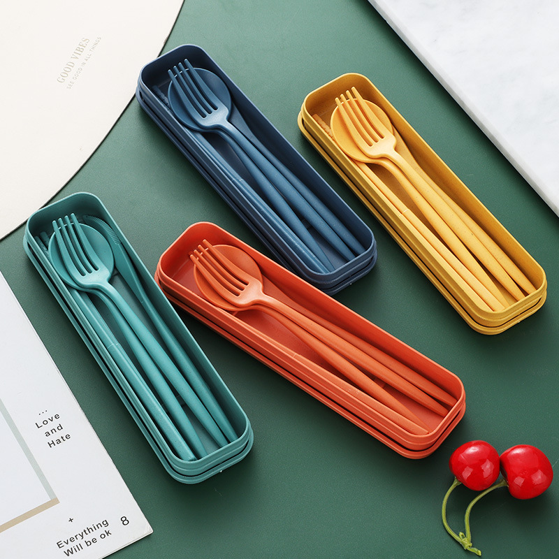 Cross-border direct supply of wheat straw Portuguese tableware set knife fork spoon chopsticks storage box outdoor travel portable tableware