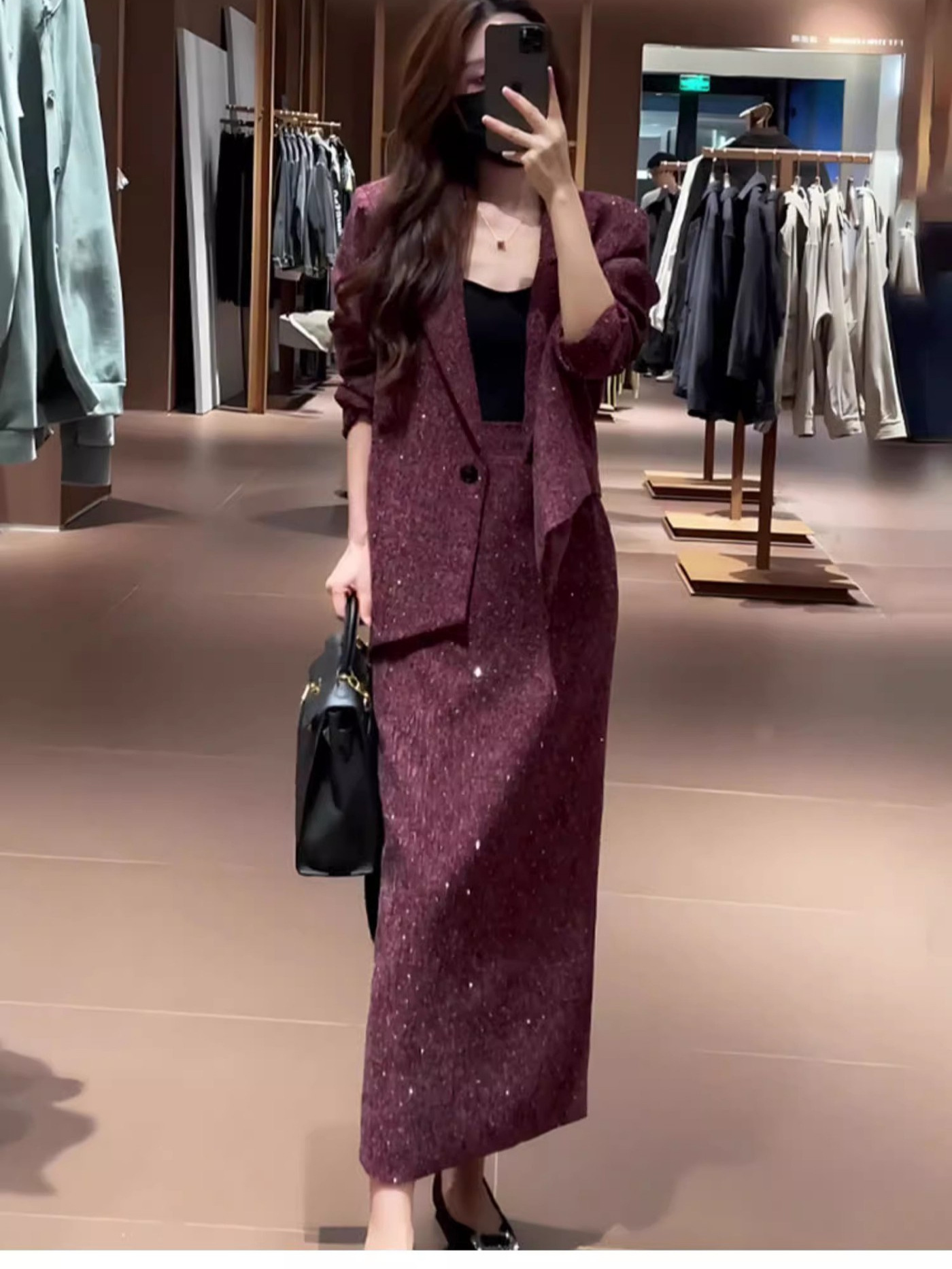 2741 plus size Women's High-end Shiny Suit Jacket Women's High Waist Slimming Split Skirt Two-piece Set