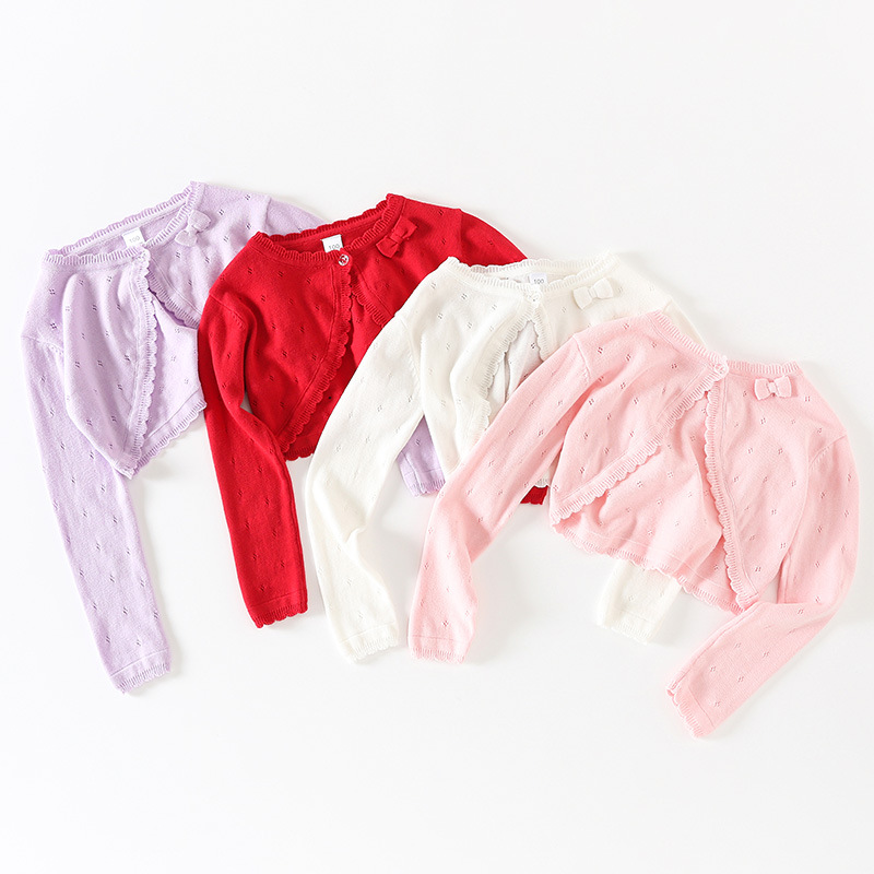 2025 New Korean Style Bow Small and Medium-Sized Kidsren's Shawl Kidsren's Air-Conditioning Shirt Summer Girls' Knitted Cardigan Jacket