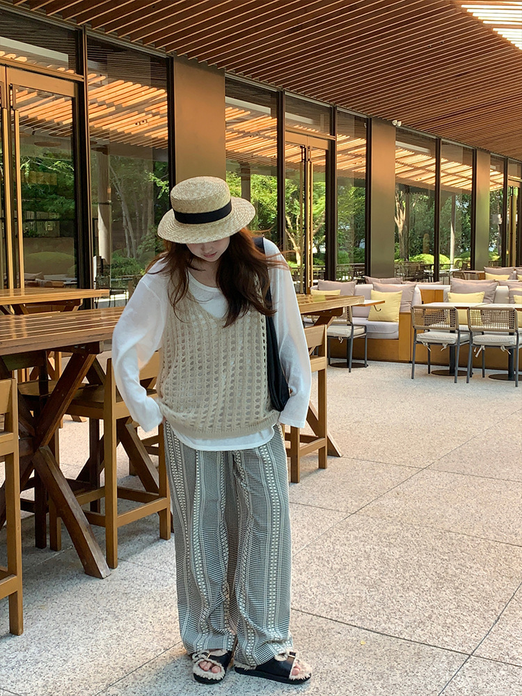 plus size Women's Design Stitching Plaid Wide Leg Pants Spring New Lazy Style Niche Loose All-match Mop Pants