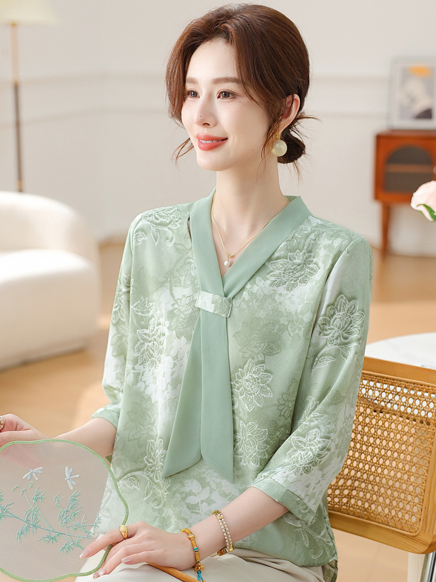 Qiao Yaying Mother's Mother's Day Top Summer Explosions Printed Top plus size Middle-aged and Elderly Women's Base Shirt