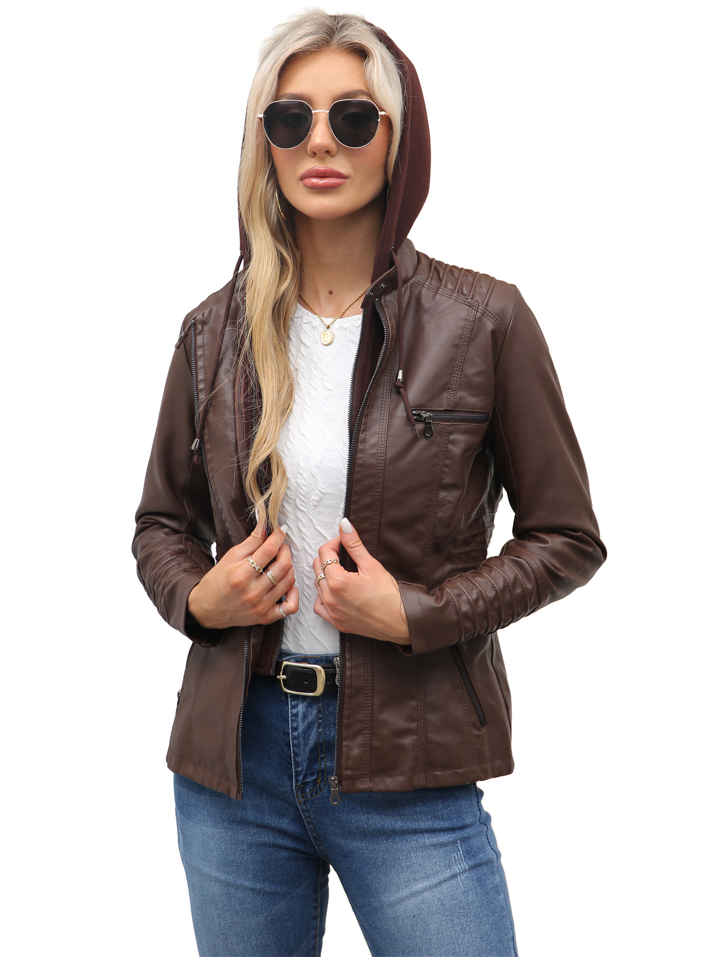 23 European and American Cross-border Hooded Leather Jacket Two-piece Set Removable Large Size Leather Jacket Women's Spring and Autumn Coat Women's PU Wash Leather
