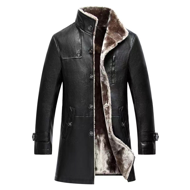 Haining Men's Genuine Leather Jacket Mid-Length Stand Collar Sheep Fur All-In-One Men's Thickened Fur Coat Jacket