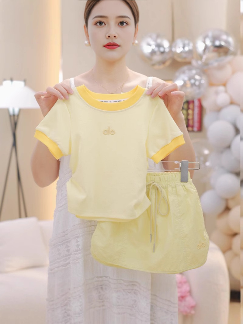 Girls Summer Thin Suit Korean Style Baby Pure Cotton Short-Sleeved Sports Short Skirt Pants Contrasting Color T-Shirt Two-Piece Children's Clothing