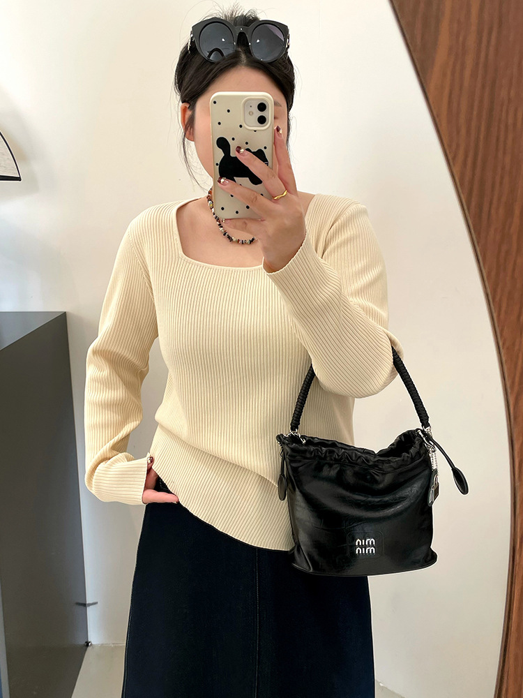 Plus Size Women's Square Collar Top Women's Slim Stripesd Shirt 2025 Autumn Fat mm Bottoming Loose Knitwear 2289