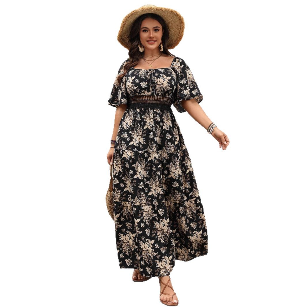 European and American New dress 2025 Spring Amazon Retro Square Collar Printed plus size Short Sleeve dress