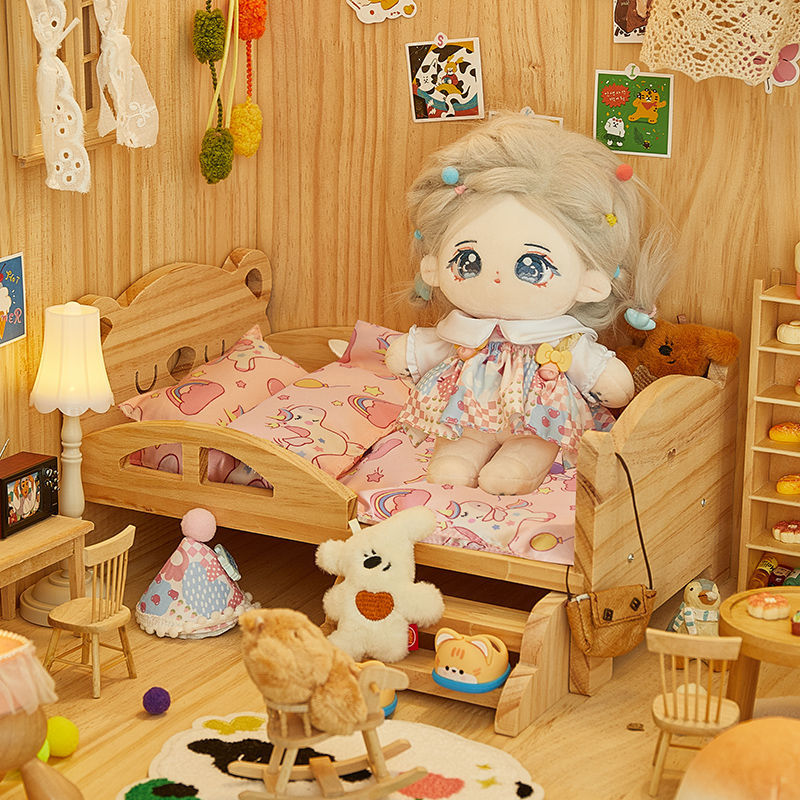 New Cotton Doll Bed 20cm Doll Bedding Three-Piece Set Bjd Solid Wood Doll House Sleeping Bed