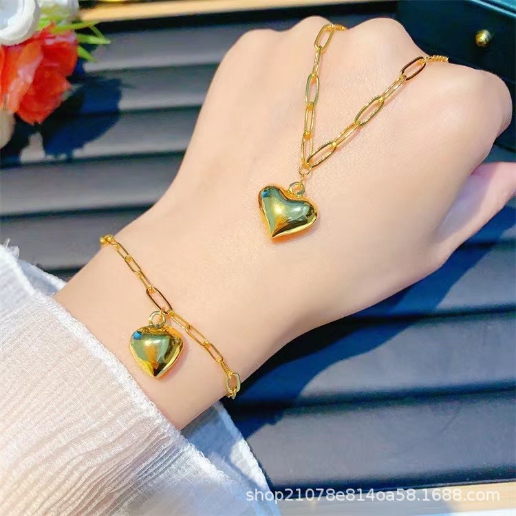 18K Gold Stereo Fat Heart Cross Set Chain Necklace Bracelet Fashion Jewelry Store Gold Store Factory Wholesale