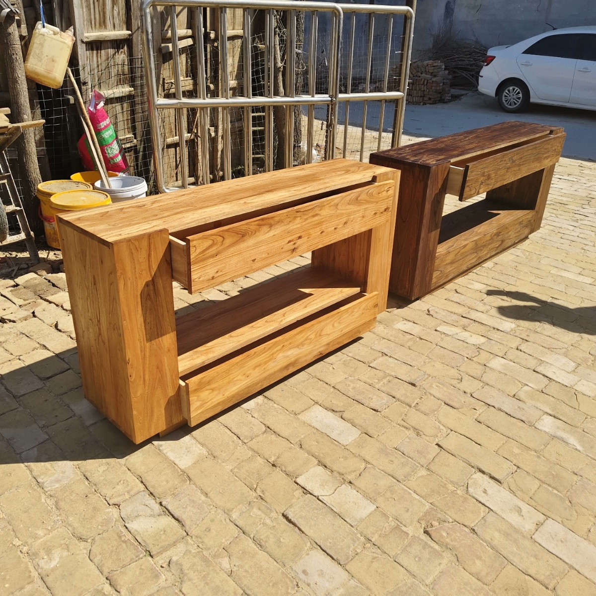 Old Elm Simple Storage Cabinet Rectangular Hollow Entrance Cabinet Solid Wood Silent Style Sideboard Living Room Wall Cabinet