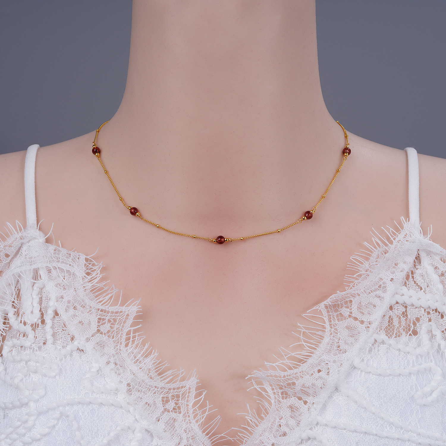 S925 Silver Natural Garnet Baby's Breath Necklace Women's Hand-Wrapped Simple Versatile Stacked Clavicle Chain