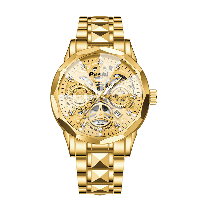 poshi men's automatic non-mechanical men's watch fashion waterproof quartz calendar men's watch steel band luminous watch
