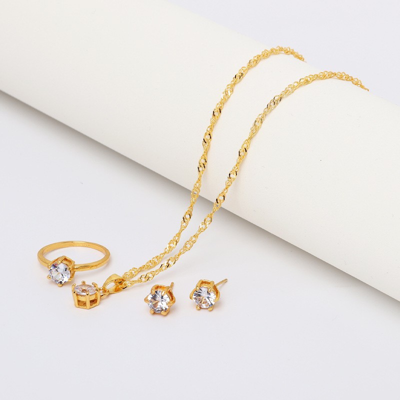 European and American Cross-Border Simple Pendant Classic Zircon Necklace Feminine Versatile Ring Earrings 3-Piece Jewelry Wholesale