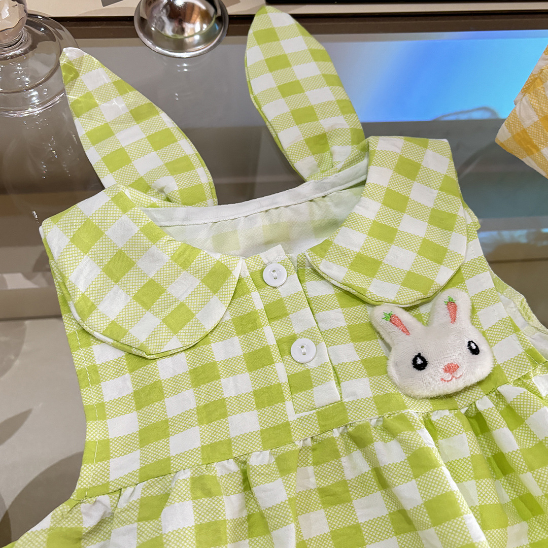 Foreign Trade Girls Doll Collar Bunny Ears Dress 2025 Summer Cute Plaid Vest Dress Bunny Princess Skirt