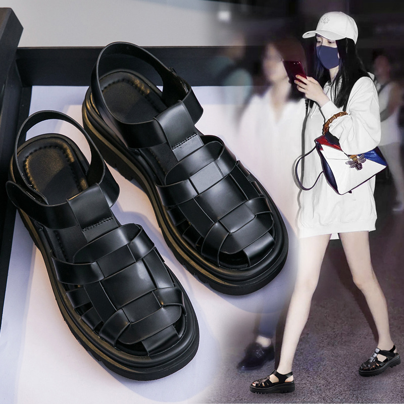 Женские обувь 2025 года, ретро, дышащие, толстые подошвы, вязаные римские туфли с липучкой для лета