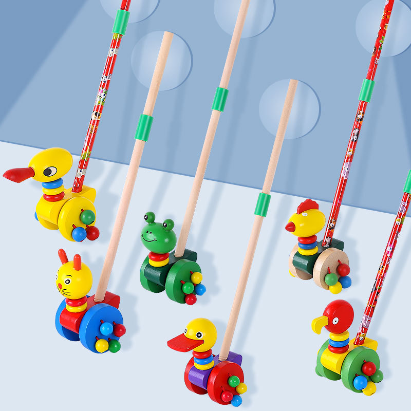 Деревянная коляска с мультяшными животными для детей 0-3 лет