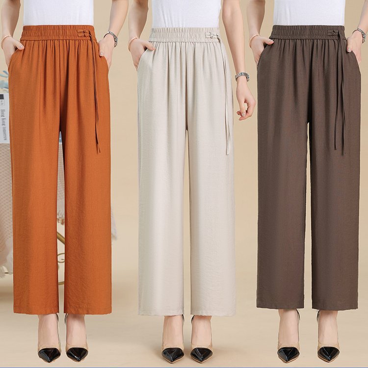 Mom Summer New Style Straight Casual Pants Dosing Ice Silk High Waist All-match Solid Color Fashion plus size Women's Cherry Blossom