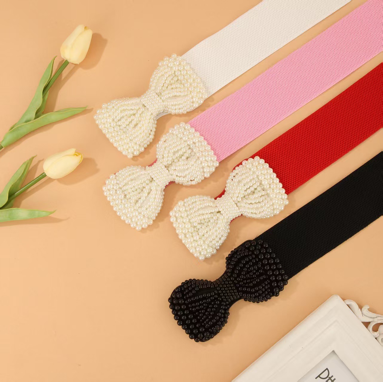 Женский эластичный пояс, модный пояс для талии, широкий пояс с перловым бантом, аксессуары для волос