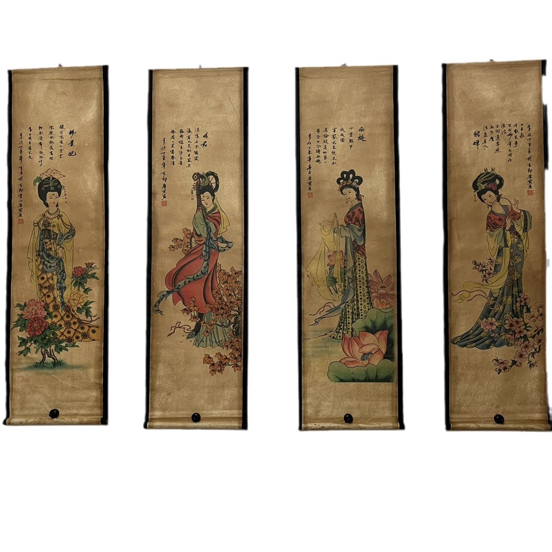 Antique old celebrity antique calligraphy and painting four even mural figure landscape four screen hanging painting antique collection