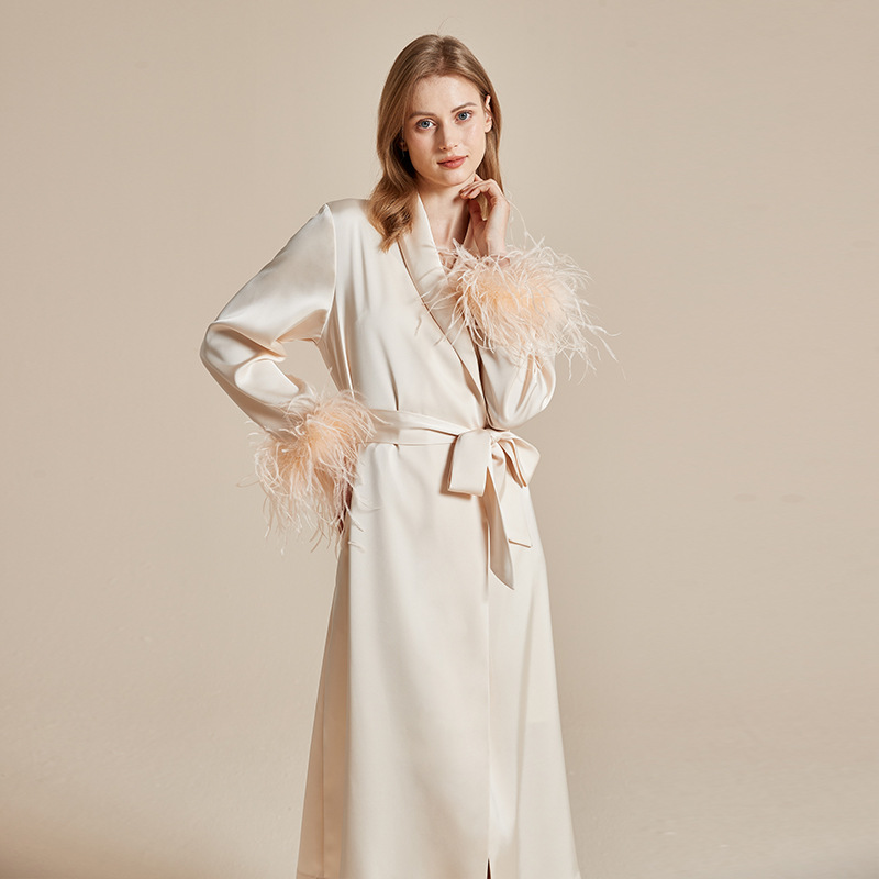 Can Be Worn Outside, Feather Nightgown, French Wedding Dressing Gown, Female Bride's Sexy Imitation Silk High-End Spring and Autumn Pajamas