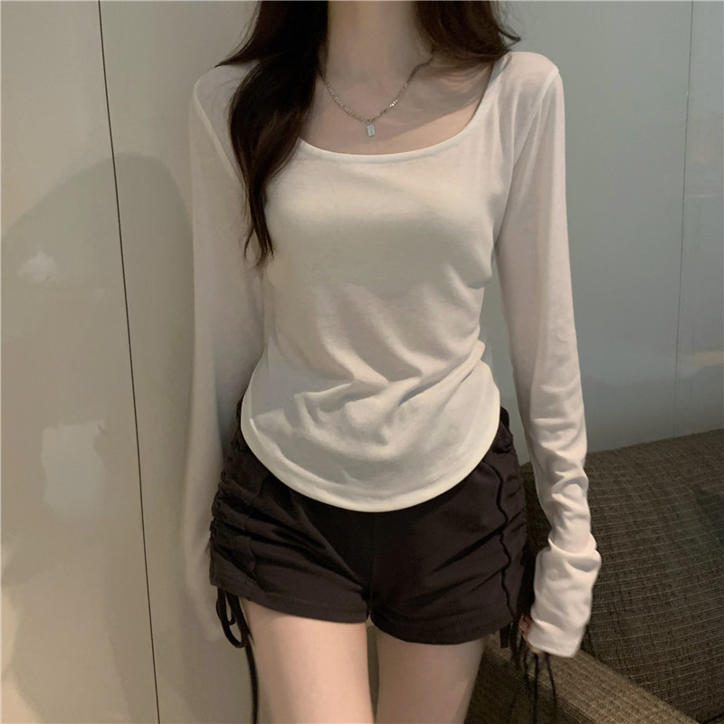 Long-Sleeved T-Shirt Women's Autumn and Winter New Trbottomy Ins Asymmetrical Slim Student Casual Short Top Girl's Bottoming Shirt