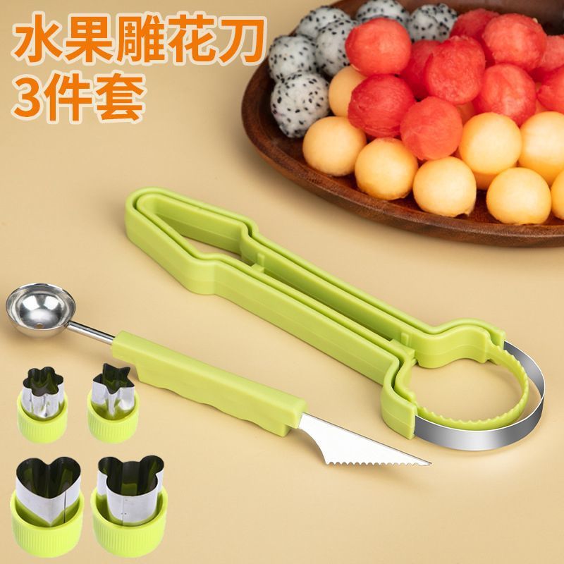 Three-In-One Fruit Scooper, Watermelon Ball Scooper, Melon Pulp Carving Knife, Fruit Watermelon Tool Set Sj