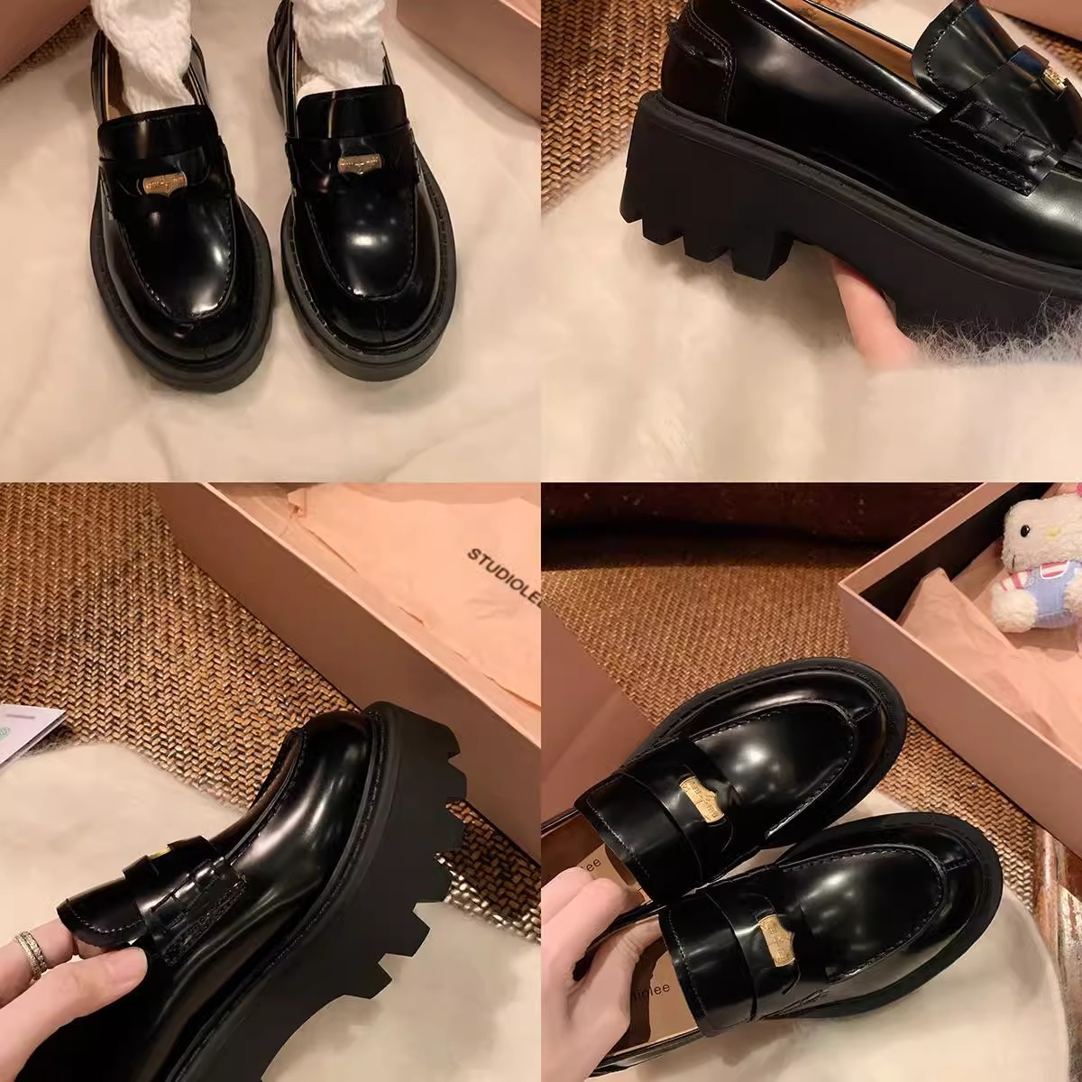 in stock Cowhide Small Gold Coin Pointed Round Head Thick Heel Slip-on Casual All-match Loafers Women's Thick-soled Small Leather Shoes