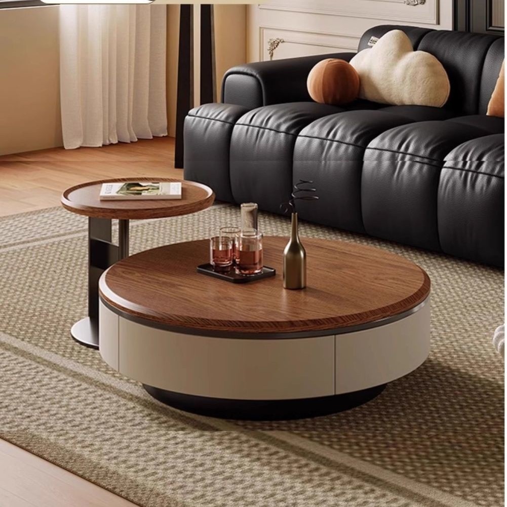 Medieval Style Walnut Color Round Solid Wood Multi-Layer Board Coffee Table Modern Simple Accessible Luxury Living Room Home 2025 New Style