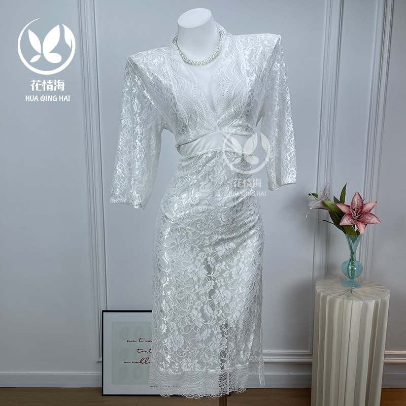 Floral Sea Sexy Lingerie Lace Mesh Dress Deep V Low-Cut Strap Nightgown Home Sleepwear Plus Size A038