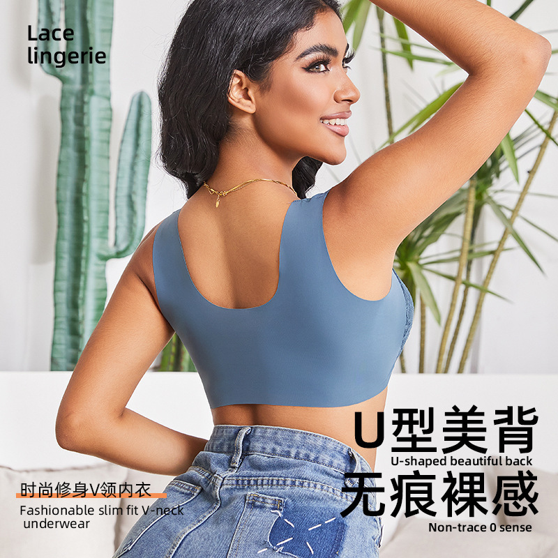 TEMU Explosions European and American Cross-border plus size Gather Front Buckle Bra Fixed Cup Lace Vest Bra Ladies