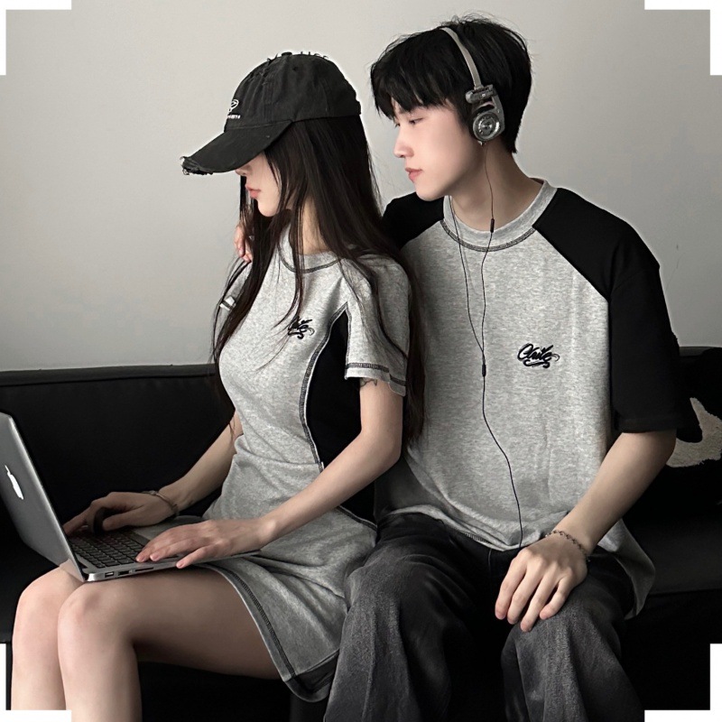 Summer 2024 American sports short-sleeved T-shirt dress high waist slimming A- line skirt couple's T-shirt