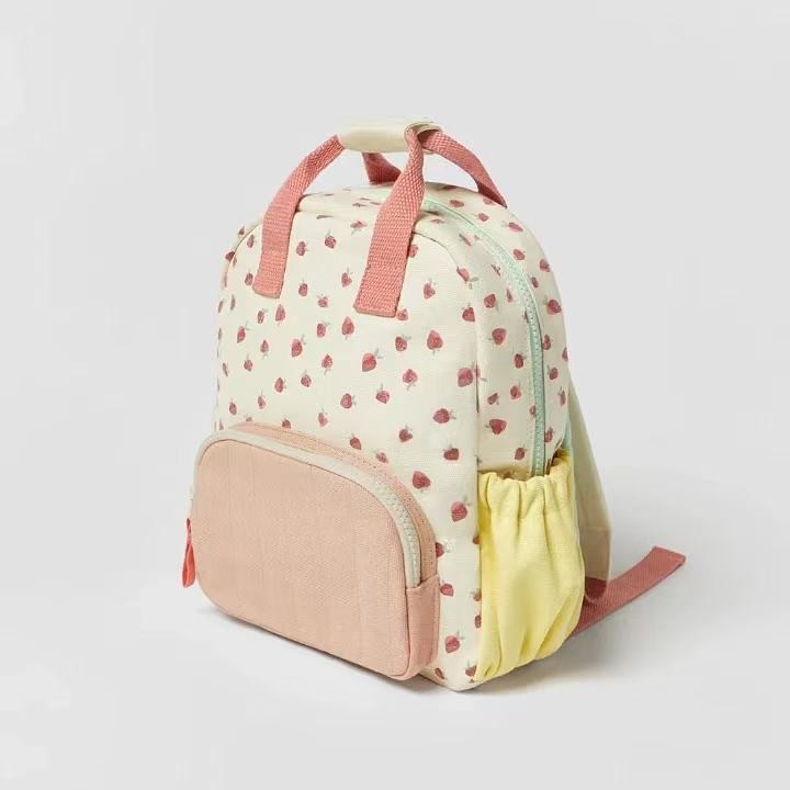 New Cotton Canvas Dopamine Strawberry Print Colorblock Cute Children Backpack Schoolbag