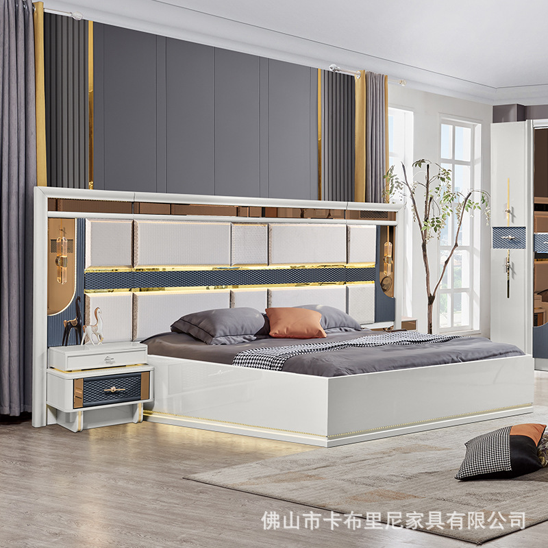 Cross-Border Modern Panel Suite Double Bed Wardrobe Dresser Combination Set Luxury Bedroom Furniture Whole House