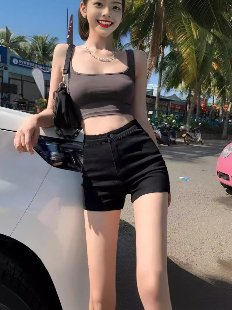 Denim Shorts Women's Elastic High-waisted Black Slimming Look Sexy Pants A-line Hot Pants Tight Buttocks Hip-covering Slim ins Trend