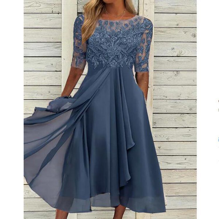 2025 European Station Cross-Border Amazon Dress Chiffon Splicing Lace Cut Out Long Skirt Bridesmaid Evening Dress Women's Clothing